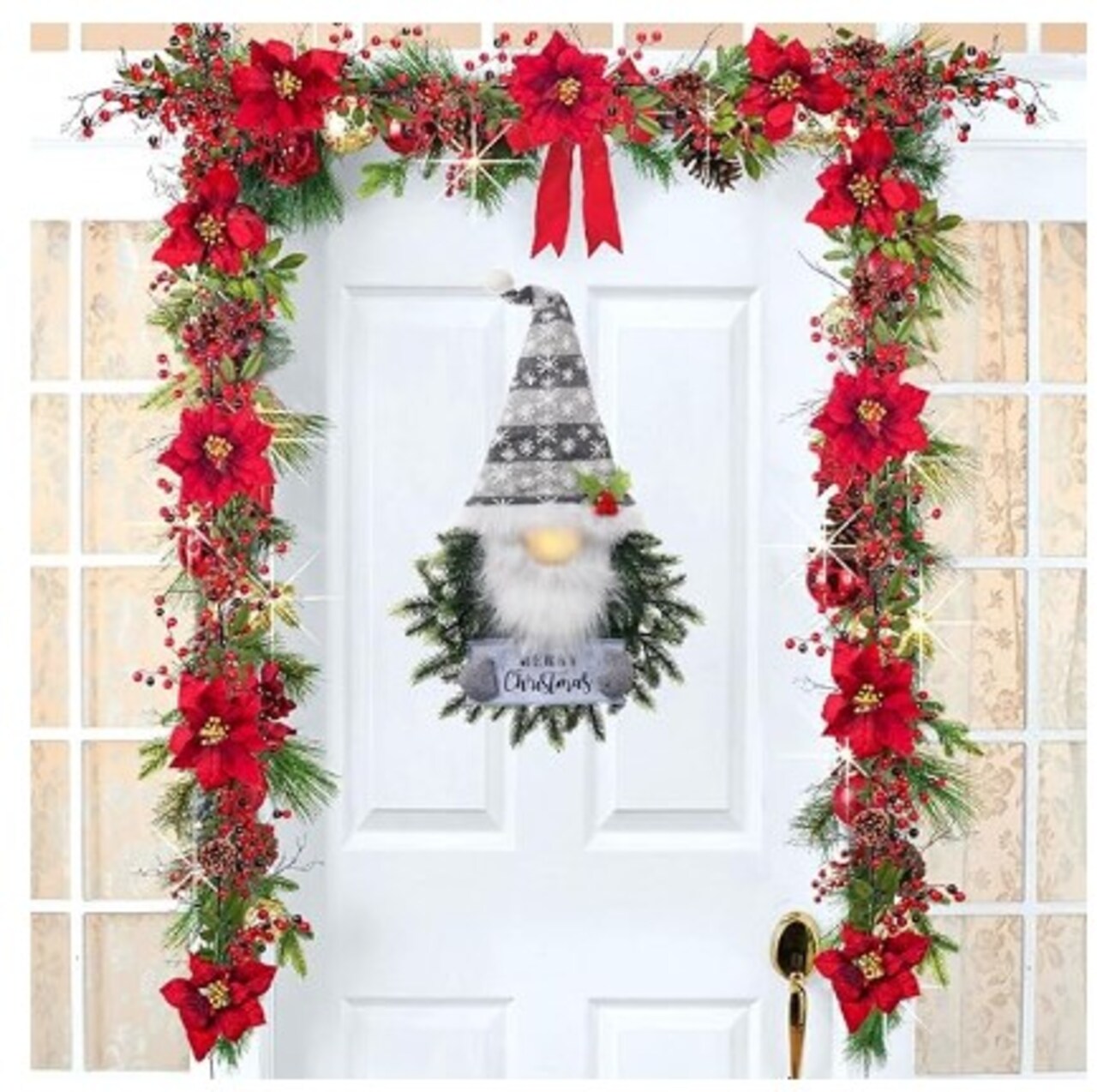 Artificial Santa Xmas Hanging Sign for Door Window Wall Decorations, Christmas Wreaths for Front Door, Gnome Christmas Wreath with Lights Grey Farmhouse Christmas Home Decor